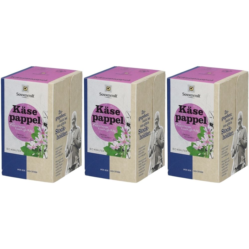 Drei Kartonverpackungen mit dem Aufdruck "Käsepappel". Aufdrucke: SonnentoR Logo, Illustrationen, Text in deutscher Sprache.