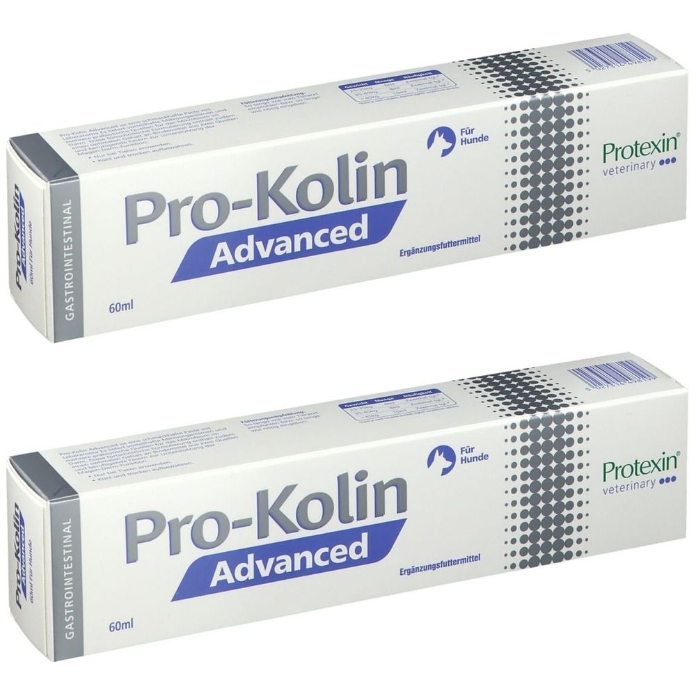 Deux boîtes blanches "Pro-Kolin Advanced". Le côté indique "Gastrointestinal". Le logo Protexin Veterinary est également visible.