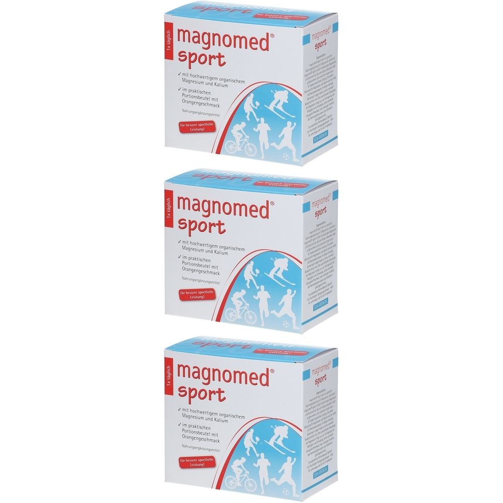 Trois boîtes carrées avec le texte magnomed sport. Des sportifs sont représentés sur l'emballage. Bande rouge avec texte.