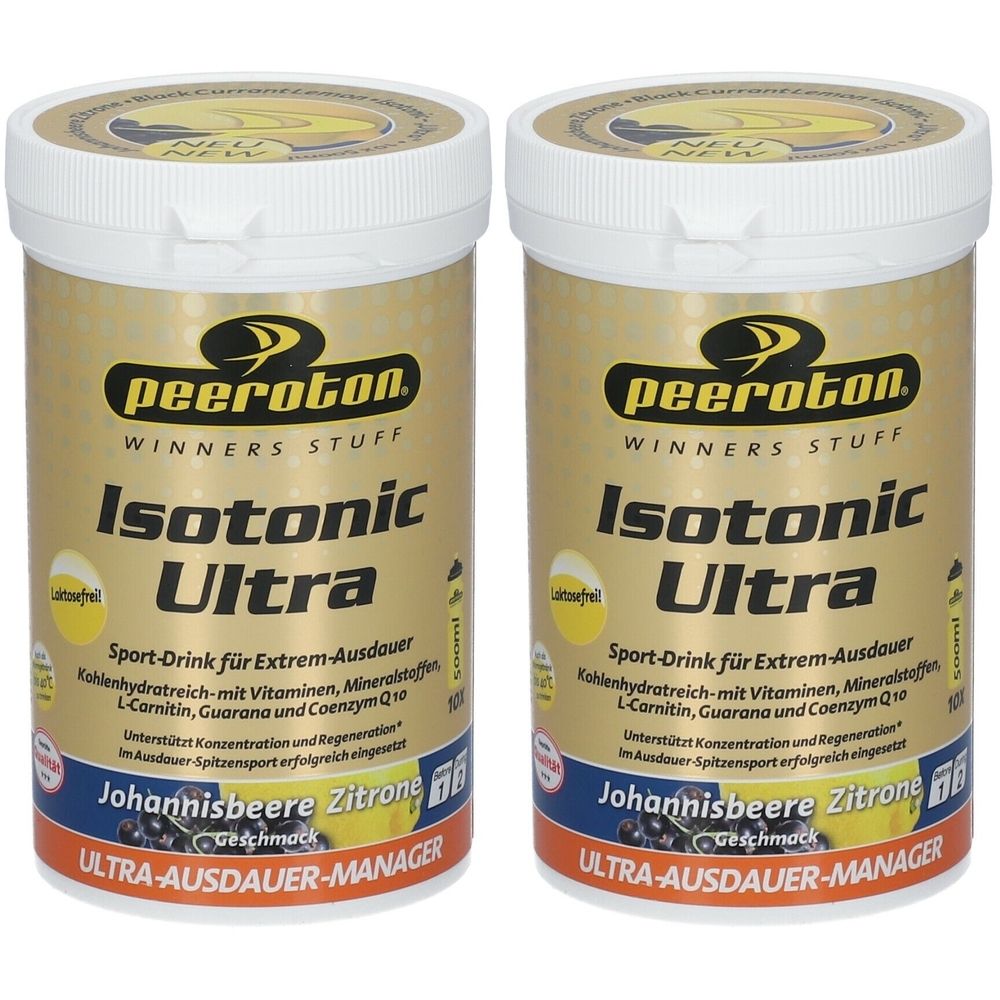 Deux contenants cylindriques avec couvercles blancs. Inscription: peeroton Isotonic Ultra, Johannisbeere Zitrone. Fond doré.