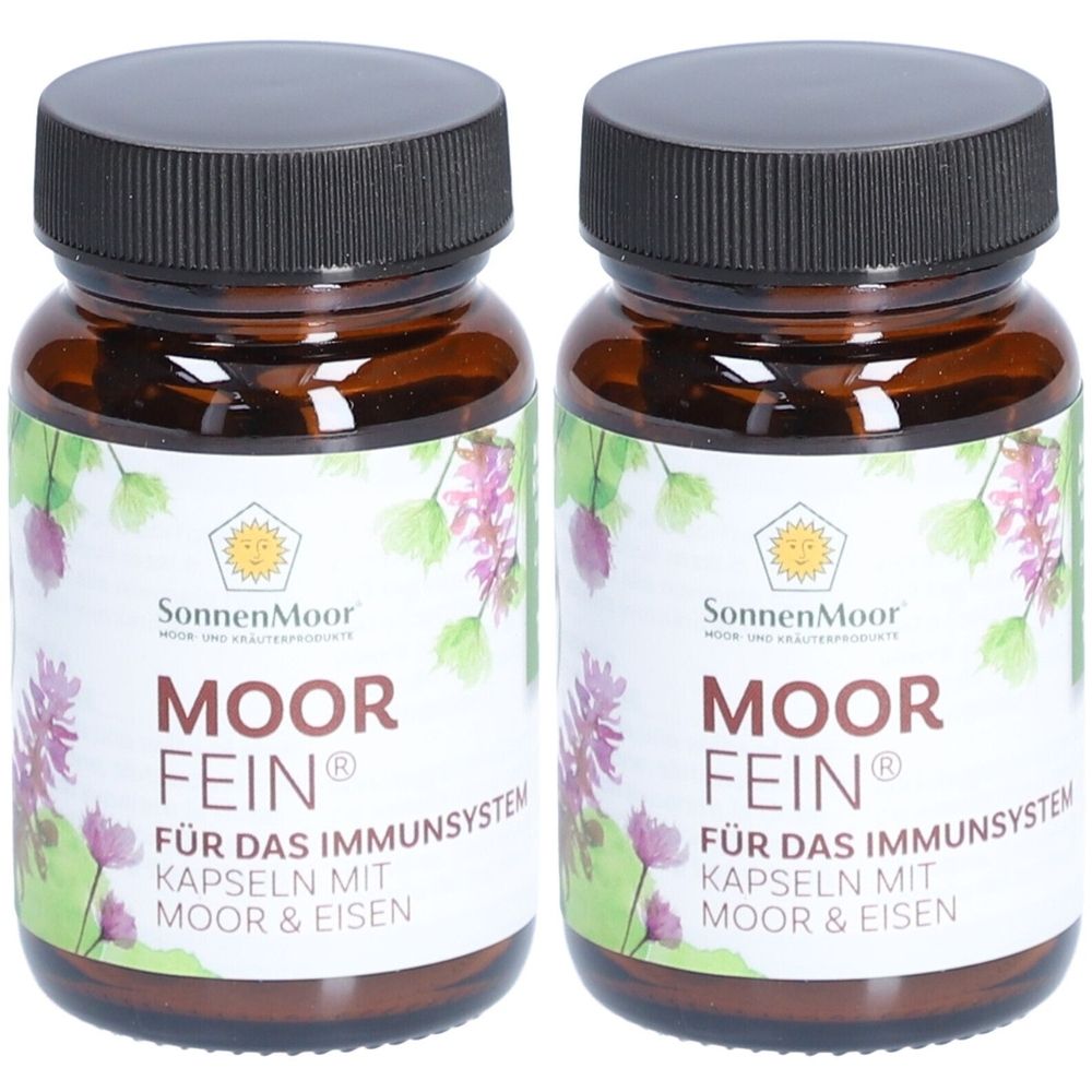 Deux flacons en verre brun avec des couvercles noirs. Les étiquettes indiquent SonnenMoor MOOR FEIN® pour le système immunitaire. Capsules avec tourbe et fer.