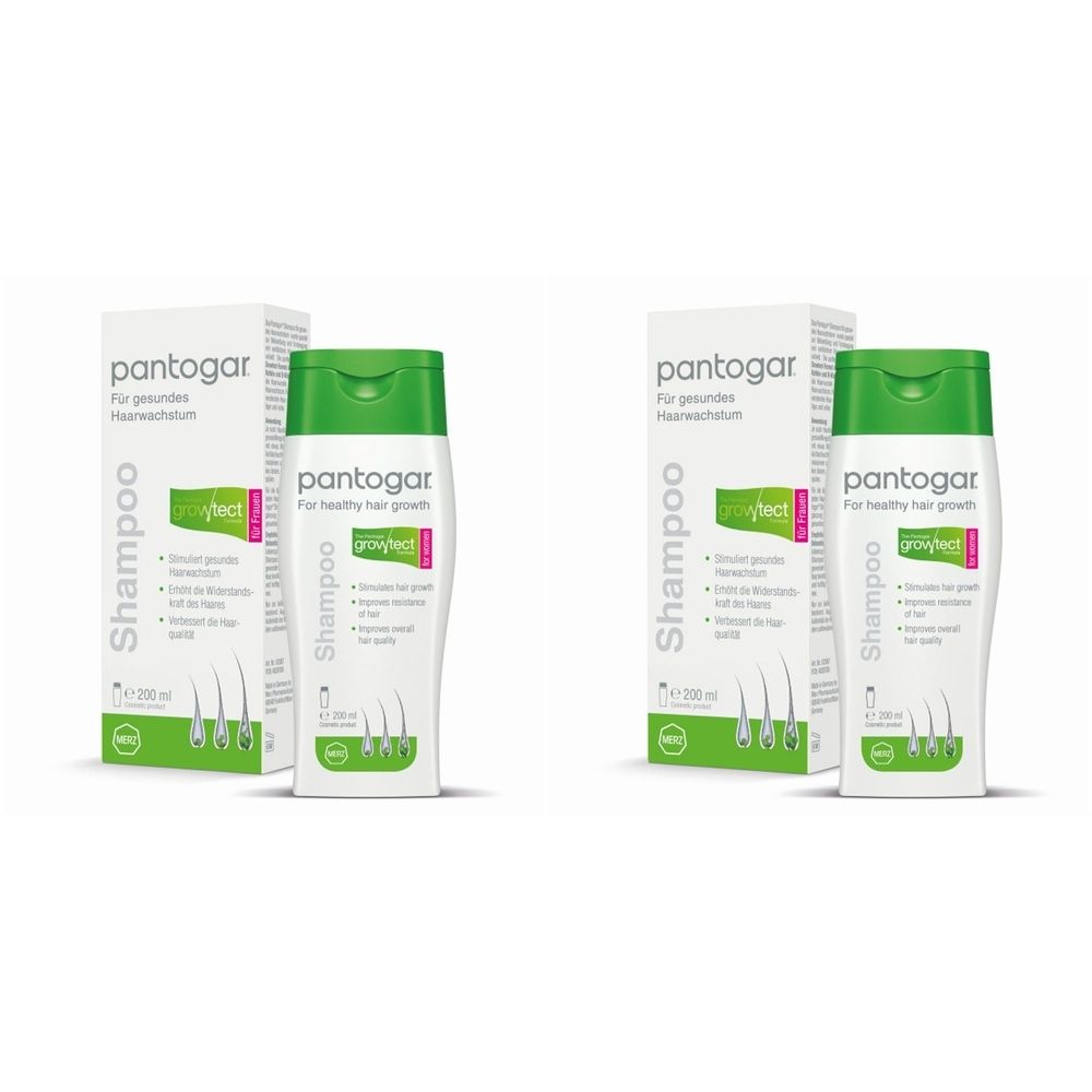 Deux bouteilles et deux boîtes de shampooing Pantogar® pour femmes. Bouteilles blanches, bouchons verts. Boîtes blanches avec texte vert.