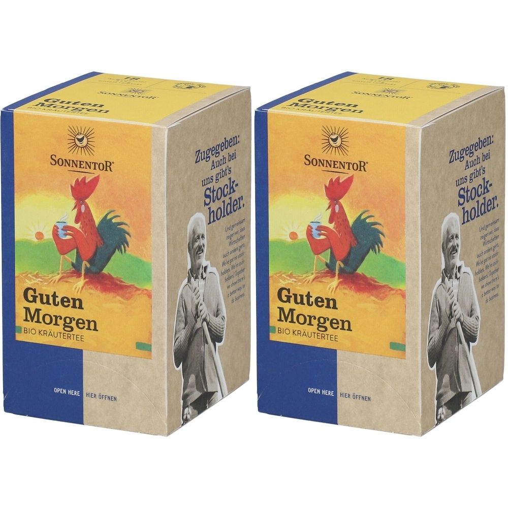 Zwei rechteckige Kartons mit Aufdruck. Aufdruck: Hahn, Text „Guten Morgen“ und „BIO Kräutertee“. Marke: SONNENTOR.