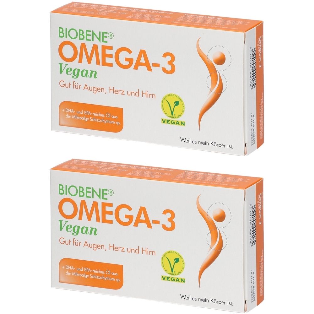 Zwei Schachteln BIOBENE® OMEGA-3 Vegan. Orange-weißes Design. Text: OMEGA-3 Vegan, Gut für Augen, Herz und Hirn. Vegan-Siegel.