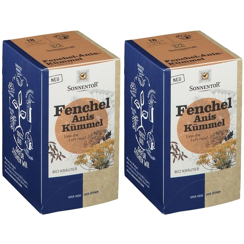 Zwei Kartons SonnentoR Kräutertee Fenchel-Anis-Kümmel. Blaue und braune Verpackung mit Produktnamen und Logo. "Neu" gekennzeichnet.