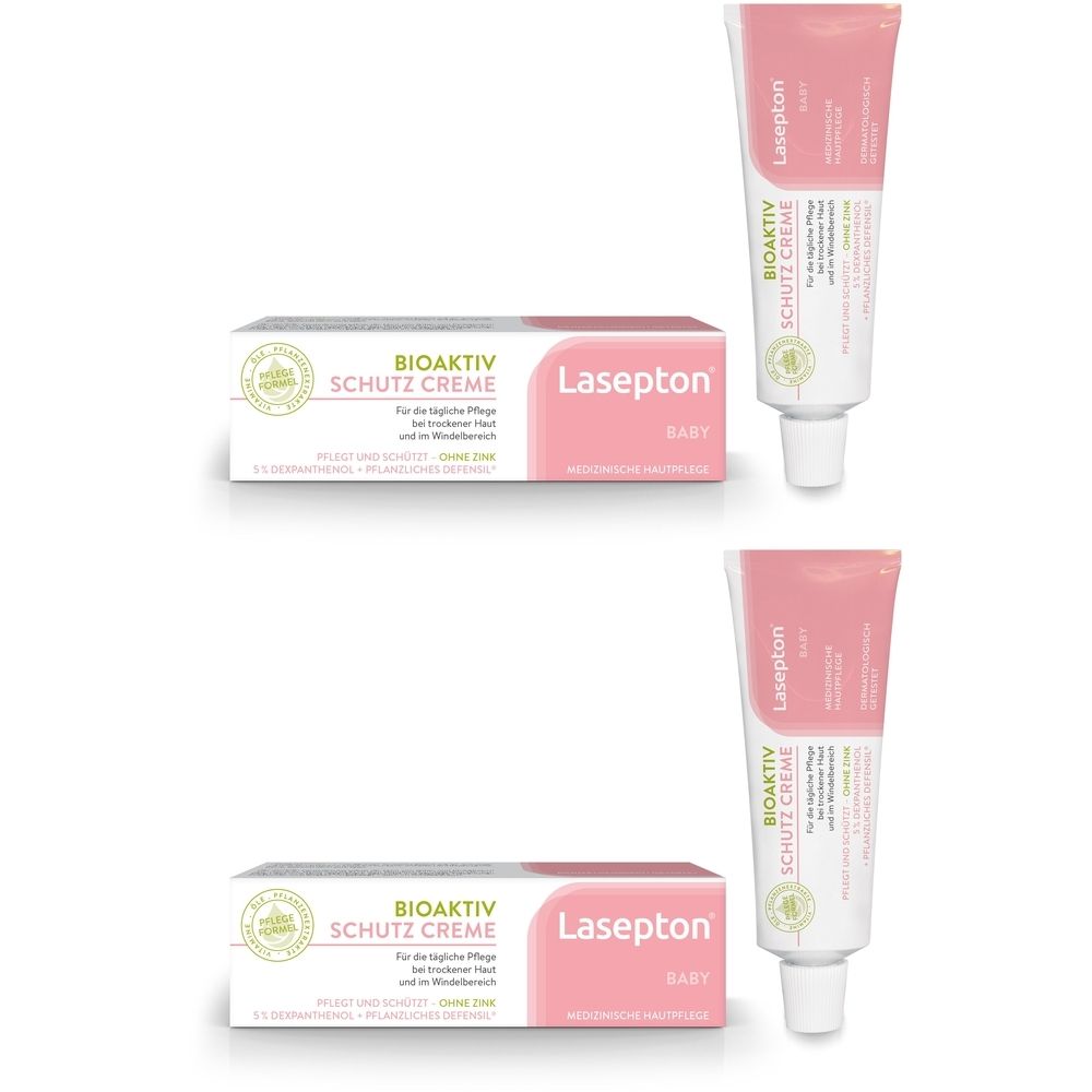 Deux tubes et deux boîtes de Lasepton Baby Bioaktiv Schutz-Creme. Tubes et boîtes roses avec texte vert.