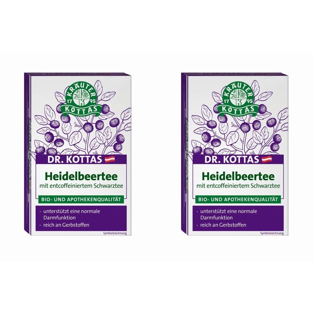 Zwei rechteckige Kartonverpackungen. Aufdruck: DR. KOTTAS Heidelbeertee, mit Illustrationen von Blaubeeren. Text in deutscher Sprache.