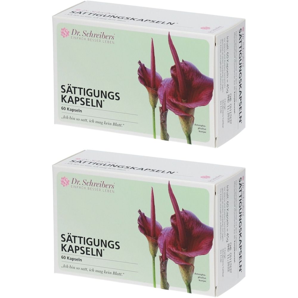 Deux boîtes de gélules de satiété Dr. Schreibers. Emballage blanc avec nom du produit, logo et motif floral. 60 gélules.