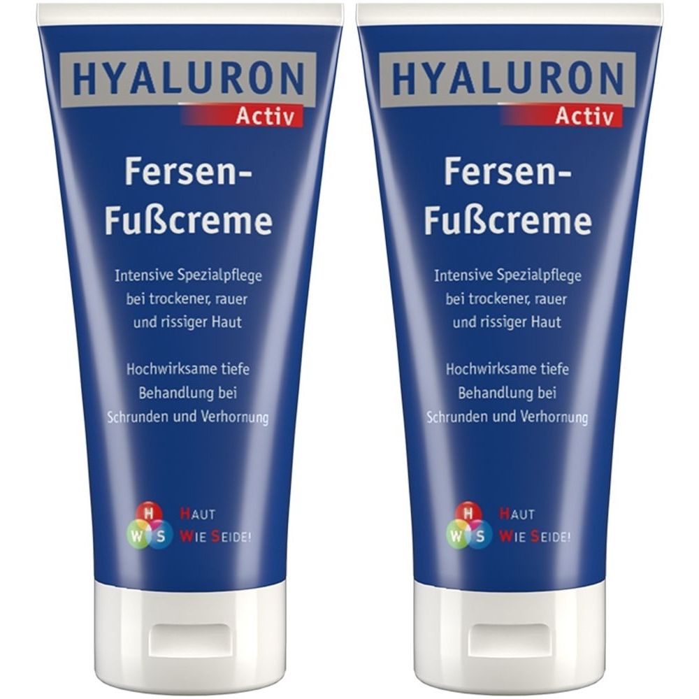 Zwei Tuben HYALURON Activ Fersen-Fußcreme. Blaue Tuben mit weißem Deckel. Text: Fersen-Fußcreme, Spezialpflege für trockene Haut.