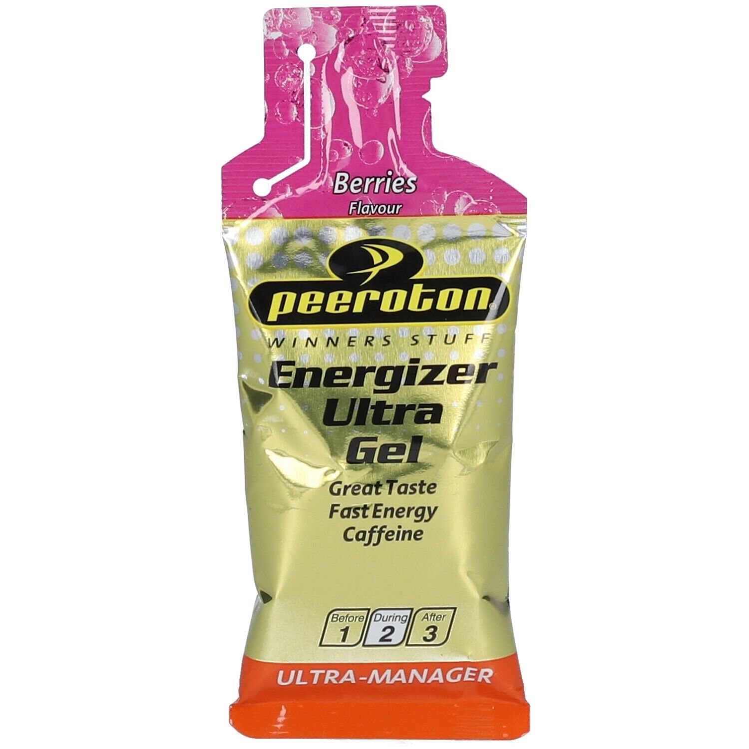Gel-Beutel mit pinkfarbenem Aufdruck. Enthält Text: Energizer Ultra Gel, Beeren-Geschmack, Koffein. Marke: peeroton.