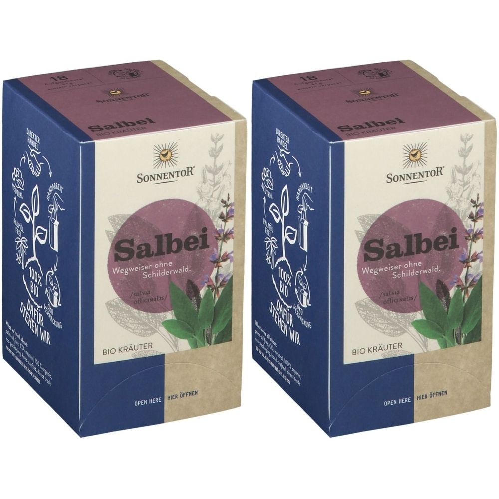 Deux boîtes de Sonnentor Salbei Tee bio. Inscription "Salbei" et "BIO KRÄUTER". Emballage avec cercle violet et illustration d'herbes.