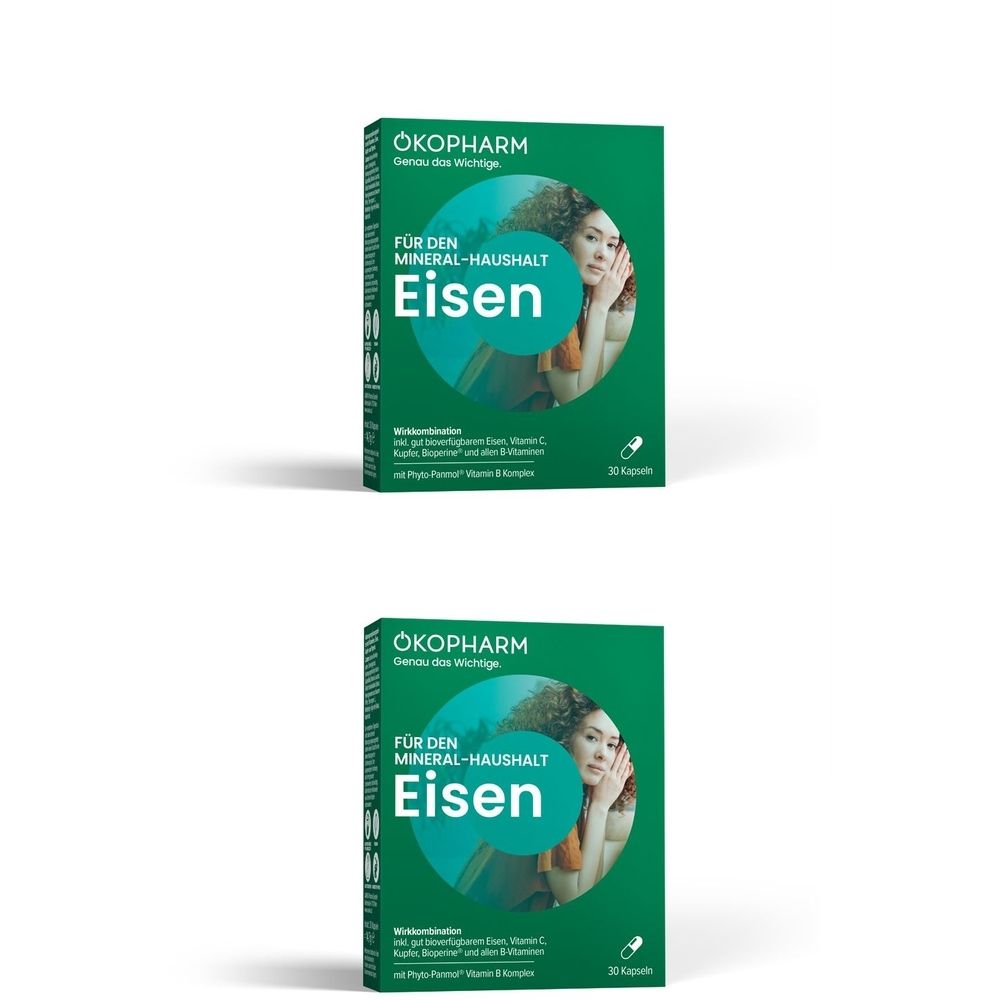 Grüne Schachtel mit Produktinformationen. Schriftzug: ÖKOPHARM, Eisen. Abbildung einer Frau. 30 Kapseln.