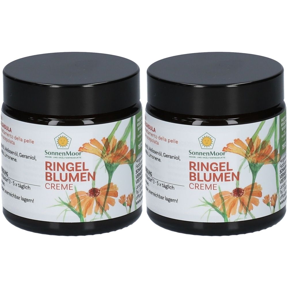 Zwei Cremetiegel mit schwarzem Deckel. Auf den Etiketten steht "RINGEL BLUMEN CREME" von SonnenMoor. Abbildung einer Ringelblume.