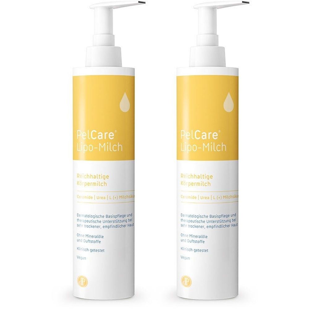 Zwei Flaschen PelCare Lipo-Milch mit Spender. Gelb-weiße Etiketten mit Produktnamen und Text. Vegan, ohne Mineralöle und Duftstoffe.