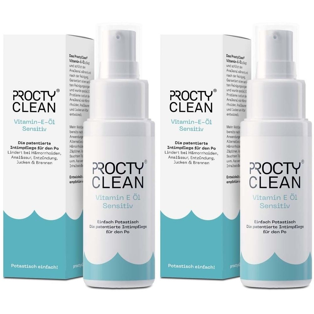 Trois flacons et deux boîtes de ProctyClean Vitamin E Öl. Flacons blancs avec vaporisateur, accents bleus. Inscriptions : marque, nom du produit, indications.