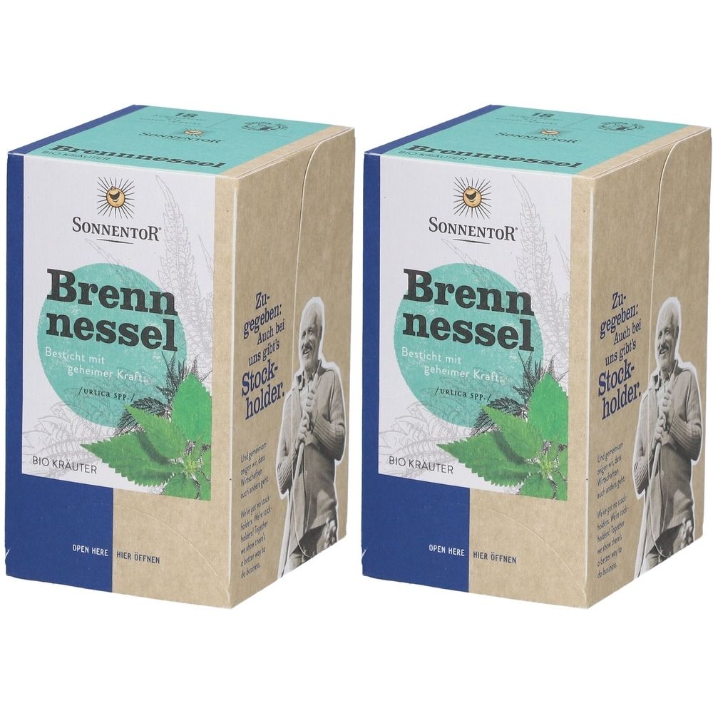 Deux boîtes de thé SonnentoR Bio Brennessel. Inscription : Brennessel, Bio Kräuter. Illustration de feuilles d'ortie et d'un homme.