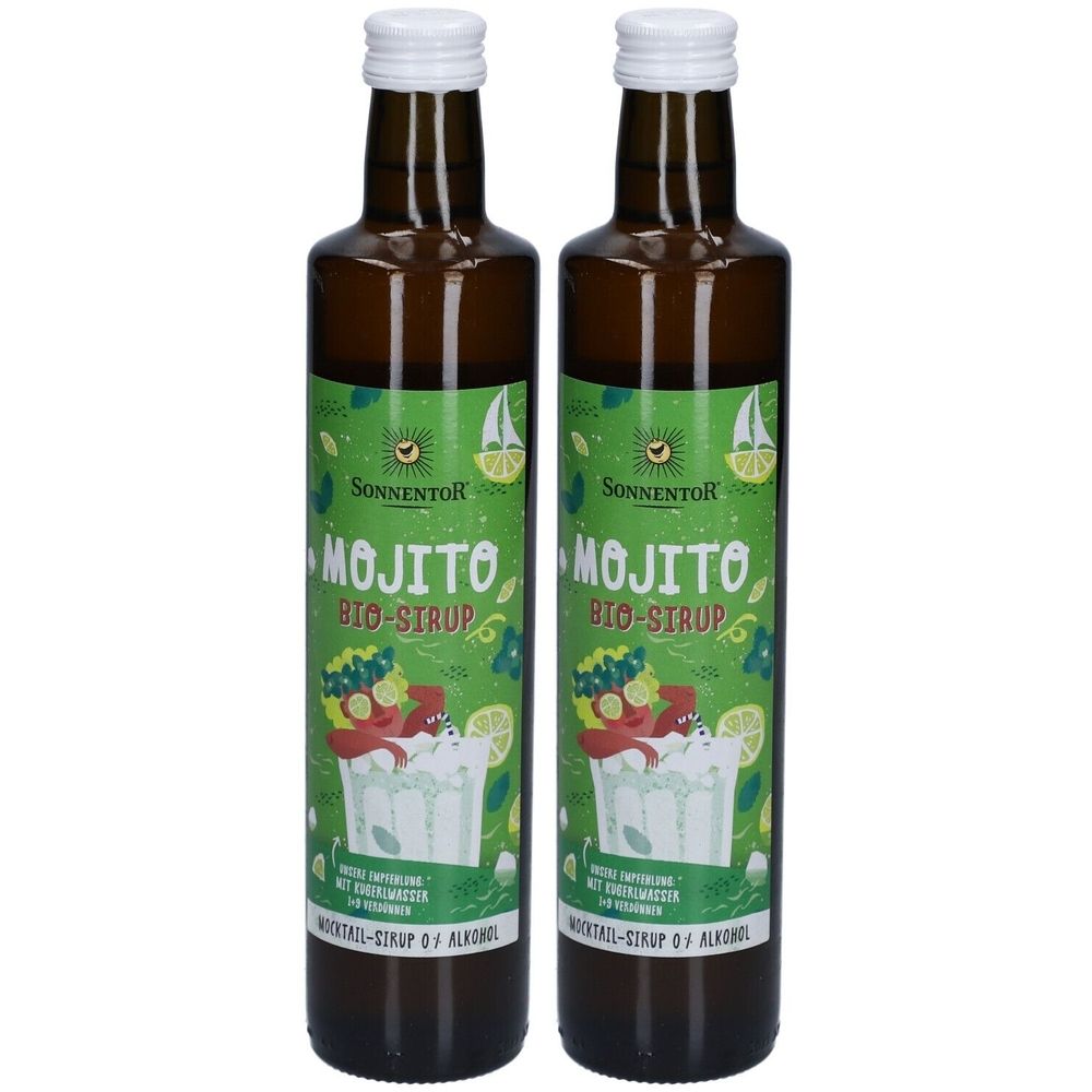 Zwei braune Glasflaschen mit weißem Deckel. Auf den Etiketten steht "Mojito Bio-Sirup" und der Markenname "Sonnentor".