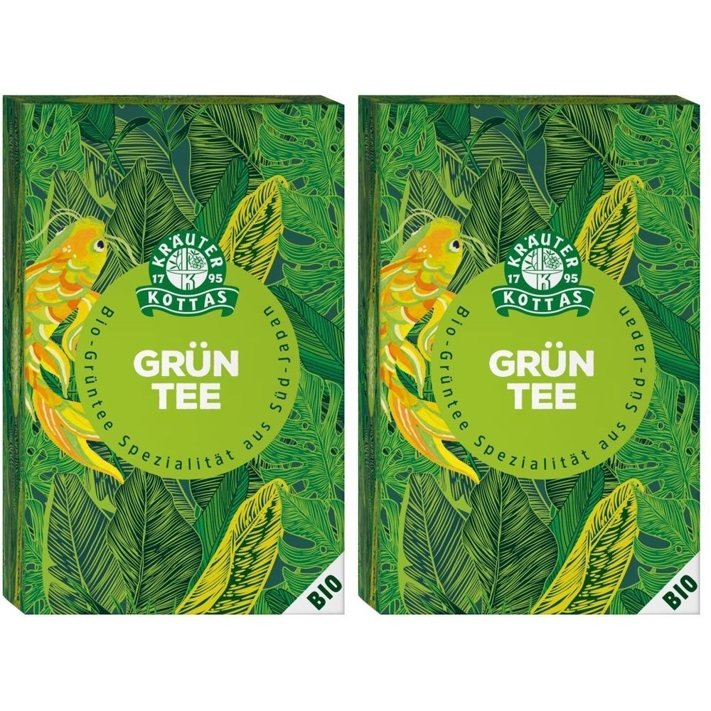 Deux boîtes de thé vert. Inscription : GRÜN TEE, BIO. Logo : Kräuter Kottas. Fond : feuilles vertes et poissons jaunes.
