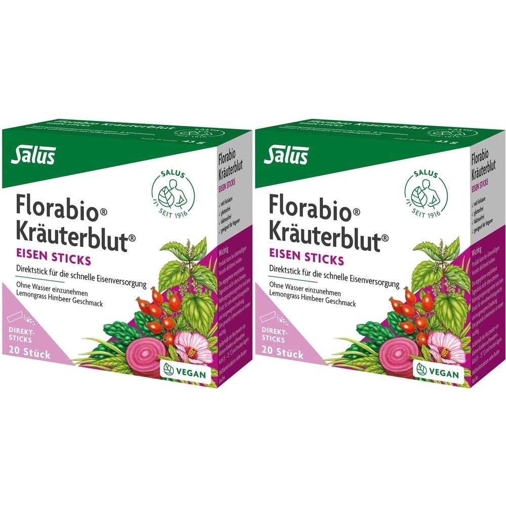 Deux boîtes de Florabio Kräuterblut Eisen Sticks. Emballage vert et rose avec nom du produit, logo et illustrations de plantes et de fruits.