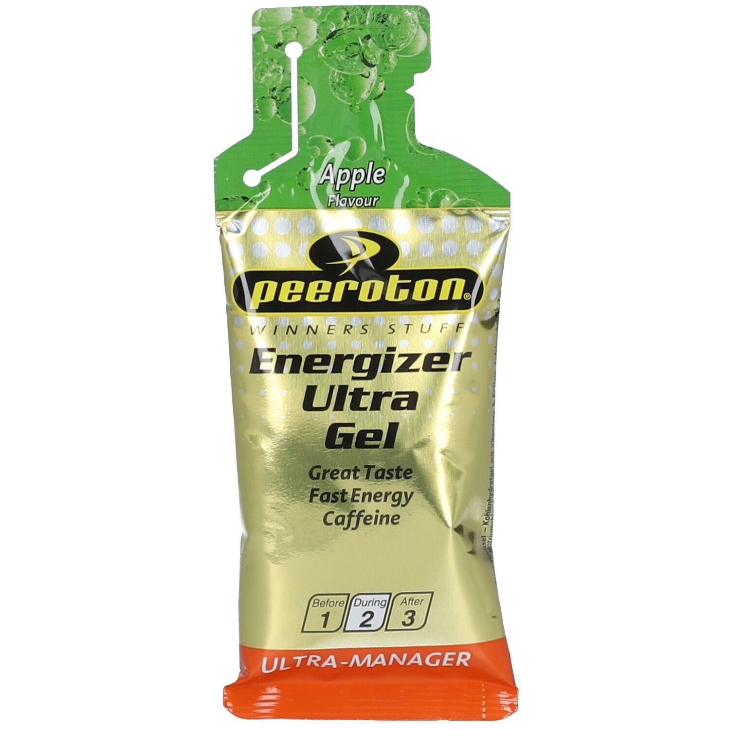 Sachet de gel saveur pomme. Emballage doré avec l'inscription "Energizer Ultra Gel" et "Caffeine".