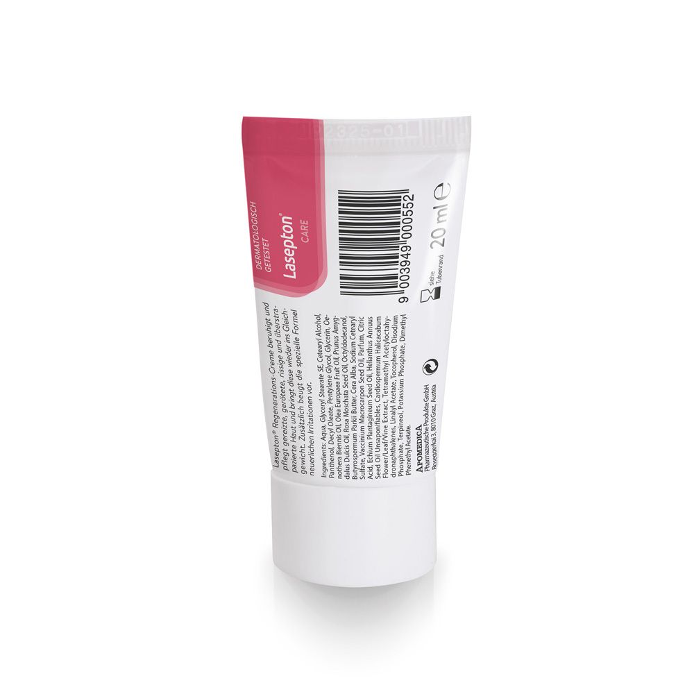 Arrière d'un tube de Lasepton® CRÈME RÉGÉNÉRATRICE avec informations produit et code-barres.