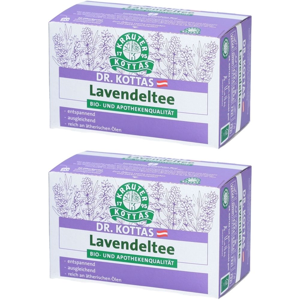 Zwei rechteckige Kartons mit Aufschrift DR. KOTTAS Lavendeltee. BIO- und Apothekenqualität. Lila und weiß.