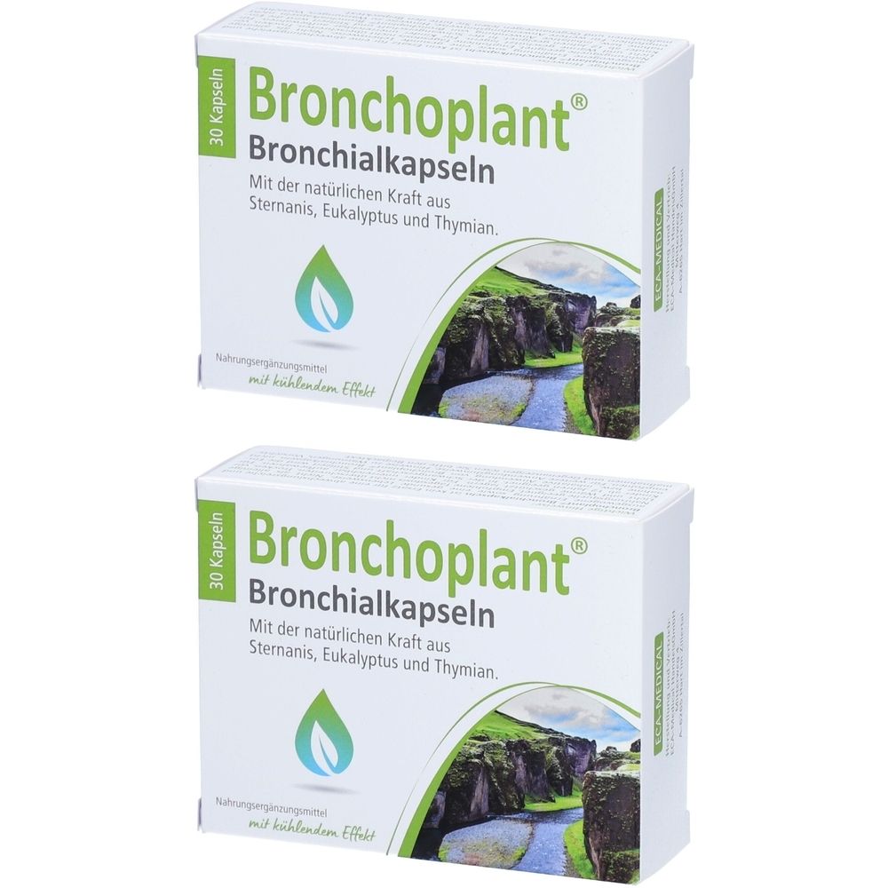 Deux boîtes blanches avec "Bronchoplant Bronchialkapseln". Design vert et blanc. 30 capsules. Avec anis étoilé, eucalyptus et thym.
