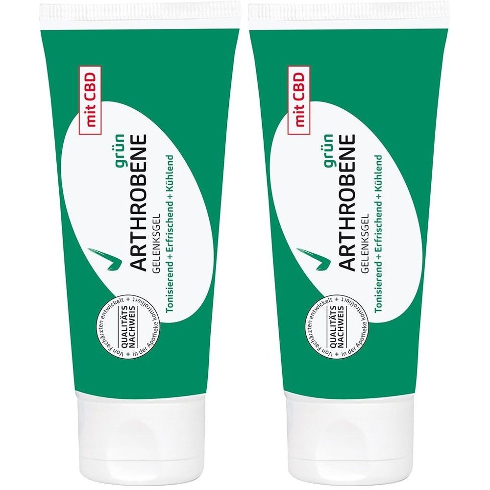 Zwei grüne Tuben Gelenksgel mit weißem Verschluss. Aufschrift: ARTHROBENE, grün, mit CBD. Qualitätsnachweis-Siegel.