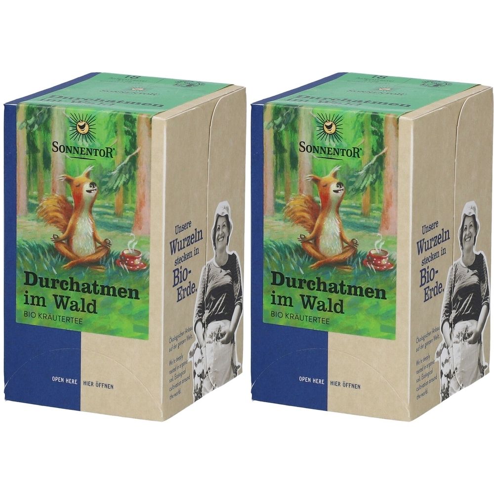 Deux boîtes de thé. Impression : écureuil dans la forêt, SonnentoR, Durchatmen im Wald. Emballage vert-brun avec des accents bleus.