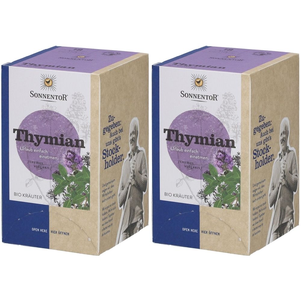 Deux boîtes de Thym SonnentoR. Cercle violet avec texte. Herbes bio. Image d'une personne.