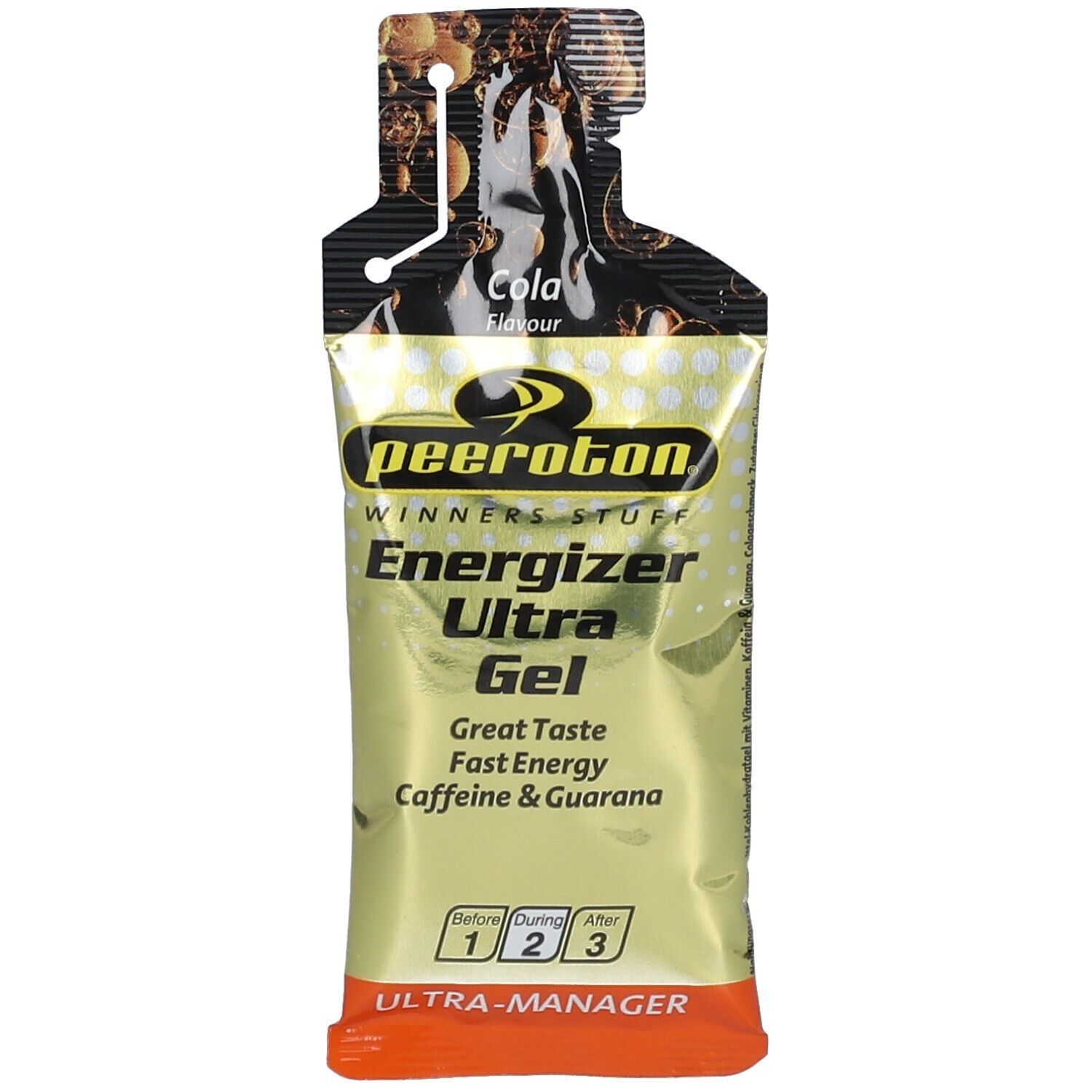 Goldfarbener Gel-Beutel mit Aufschrift peeroton Energizer Ultra Gel Cola. Enthält Koffein und Guarana. Mit 3 Einnahme-Zeitpunkten.