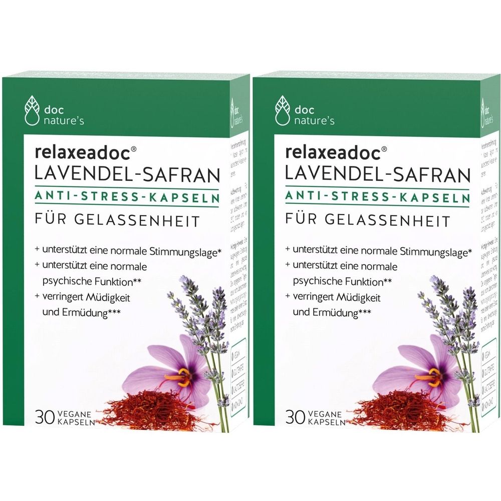 Deux boîtes de gélules relaxeadoc Lavande-Safran. Inscription : Gélules anti-stress, pour la sérénité. 30 gélules végétales.