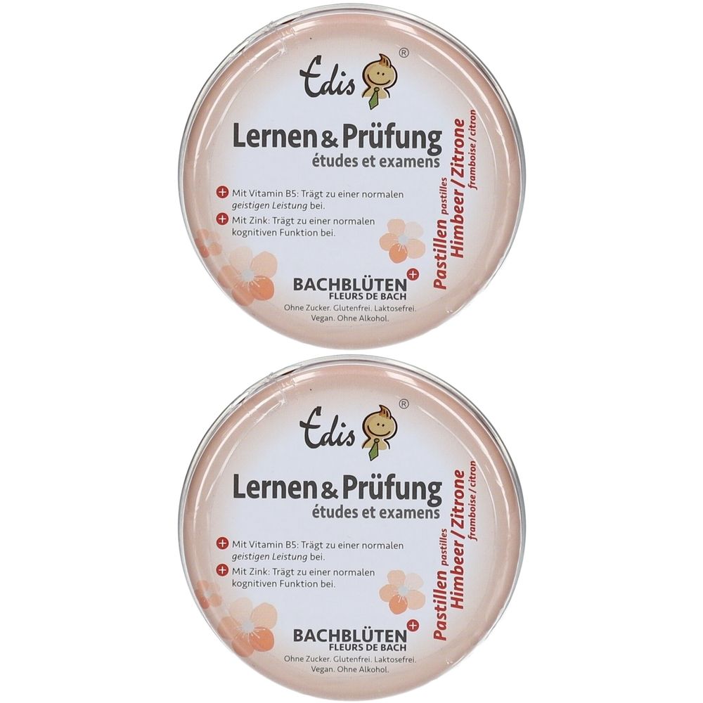 Deux boîtes rondes avec 'Edis Lernen & Prüfung'. Contient pastilles framboise/citron. Avec Fleurs de Bach.