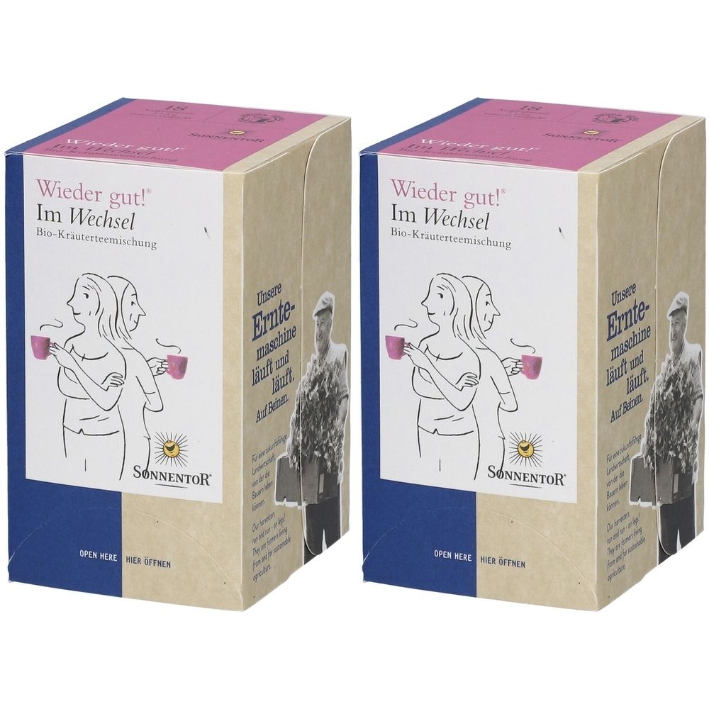 Deux boîtes rectangulaires avec texte. Inscription: Wieder gut! Im Wechsel. Illustration de deux femmes avec des tasses. Marque: SonnentoR.