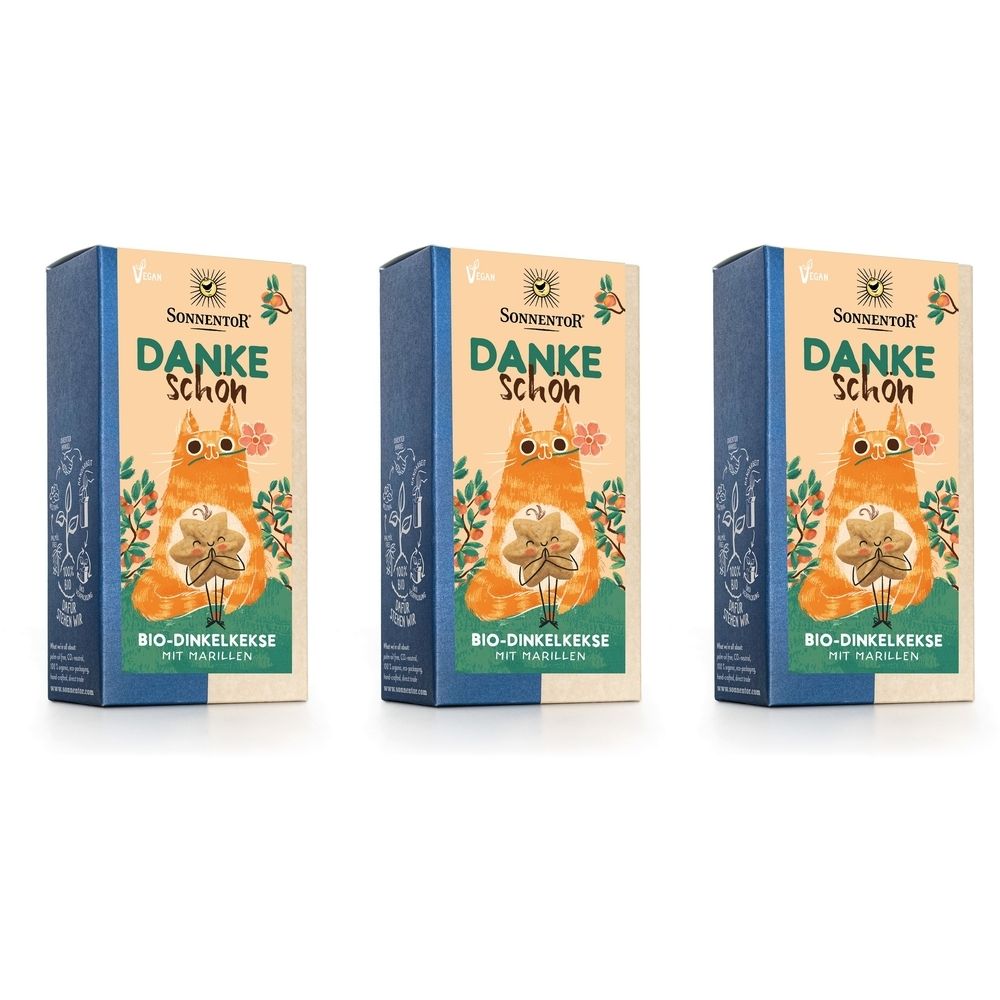 Trois boîtes de biscuits. Impression : "DANKE SCHÖN" et un chat. Marque : SonnentoR. Texte : BIO-DINKELKEKSE MIT MARILLEN.