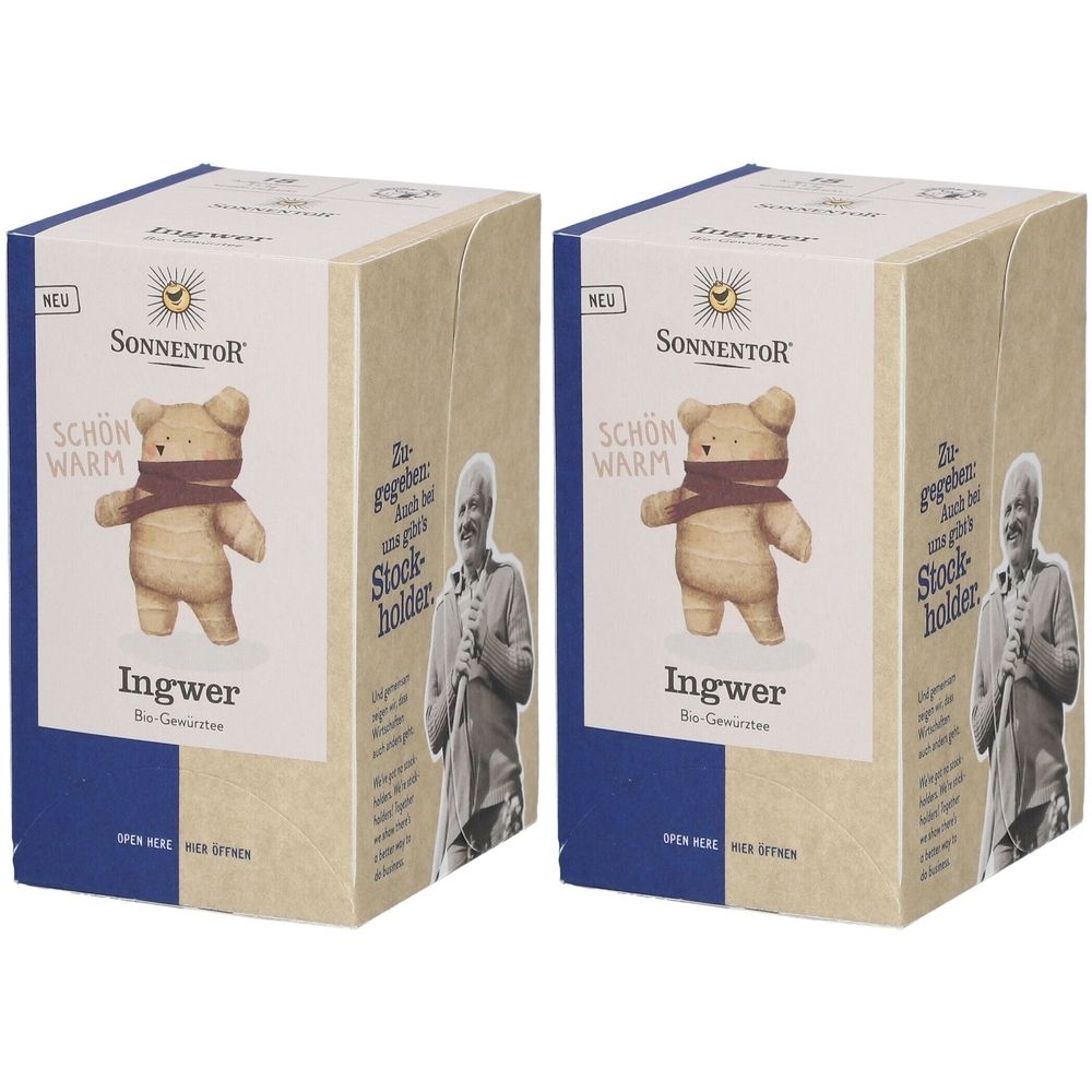 Deux boîtes rectangulaires avec bord bleu. Inscription: SonnentoR Ingwer. Illustration d'un ours avec une écharpe. Inscription: Schön warm.