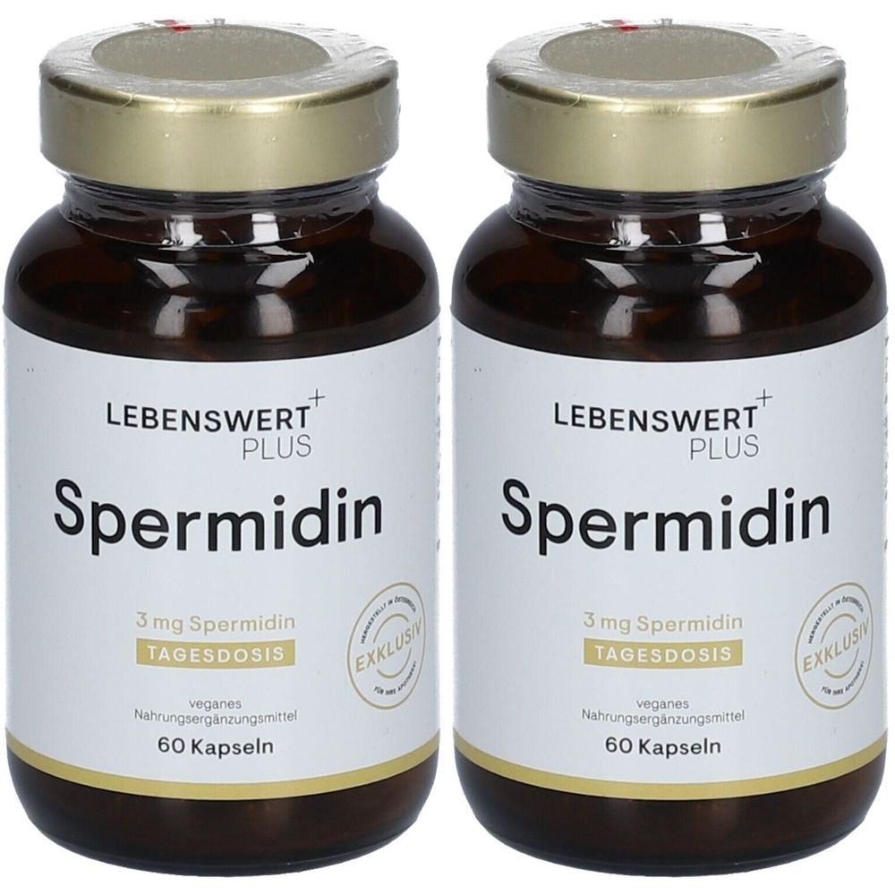 Deux flacons de LEBENSWERT+ PLUS Spermidine. Flacons en verre brun avec des couvercles dorés et des étiquettes blanches. Inscription : Spermidine, 3 mg dose journalière, 60 gélules.