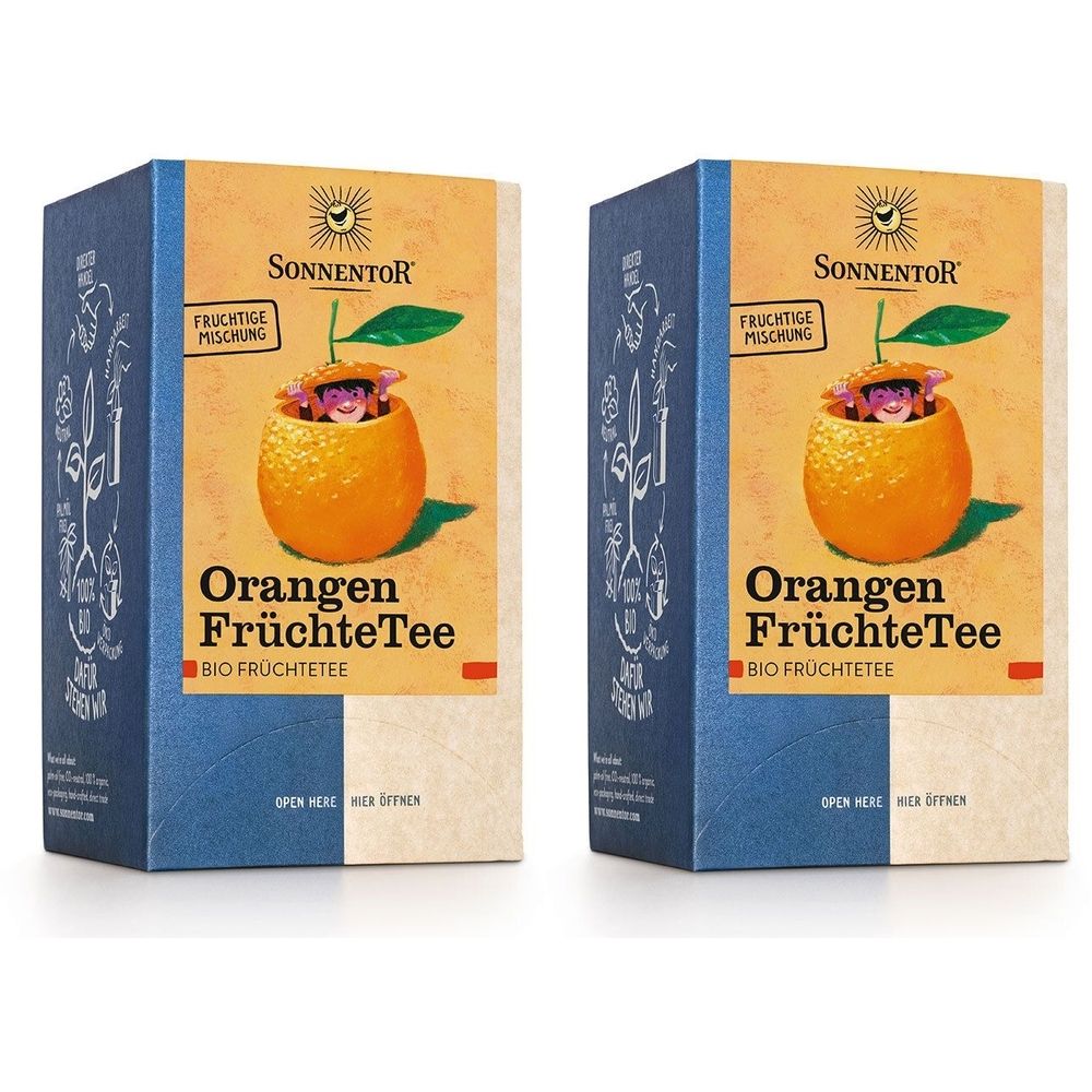 Zwei rechteckige Kartonverpackungen. Aufdruck: SonnentoR Logo, Orangen-Illustration, Text: Orangen FrüchteTee Bio. Blaue und beige Farbtöne.
