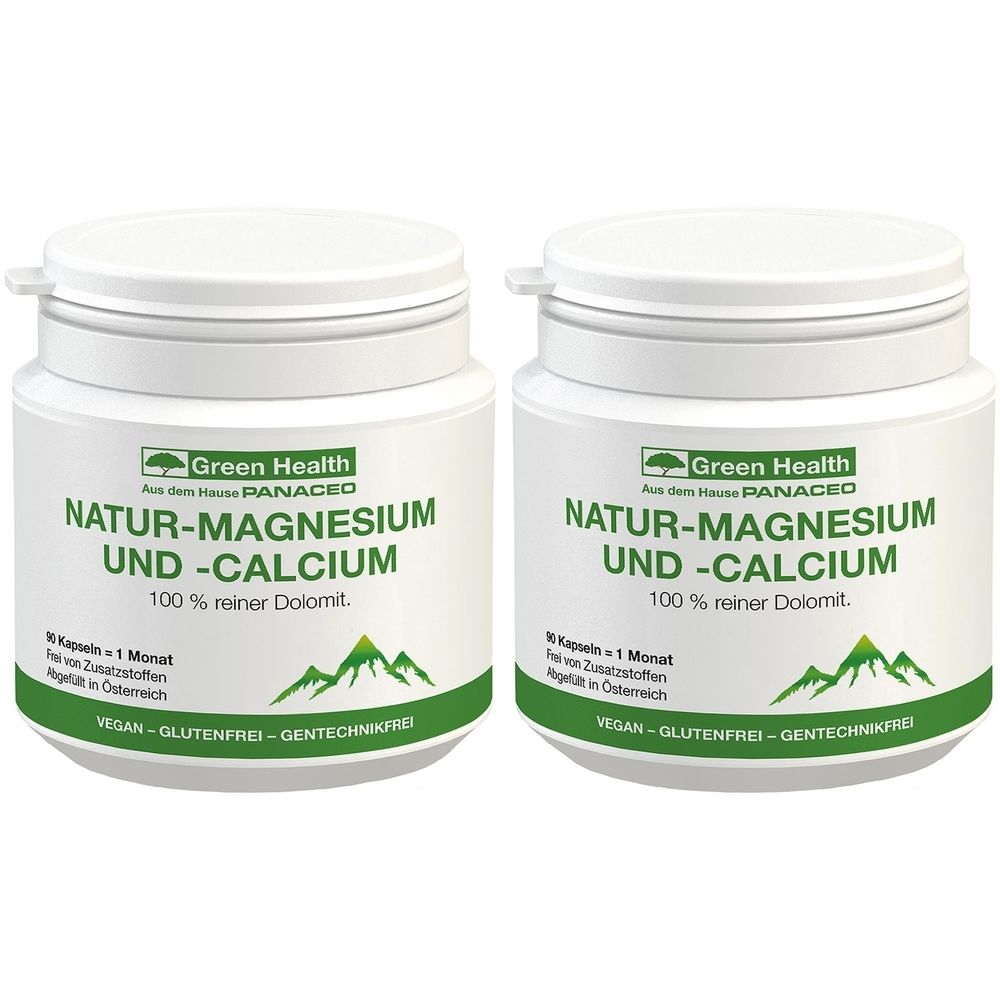 Zwei weiße Behälter mit Deckel. Aufschrift: Green Health NATUR-MAGNESIUM UND -CALCIUM. Vegan, glutenfrei, gentechnikfrei. Berge-Logo.