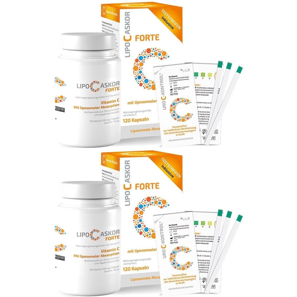 Deux flacons blancs et deux boîtes avec l'inscription LIPO-C-ASKOR FORTE. Bandes de test incluses.