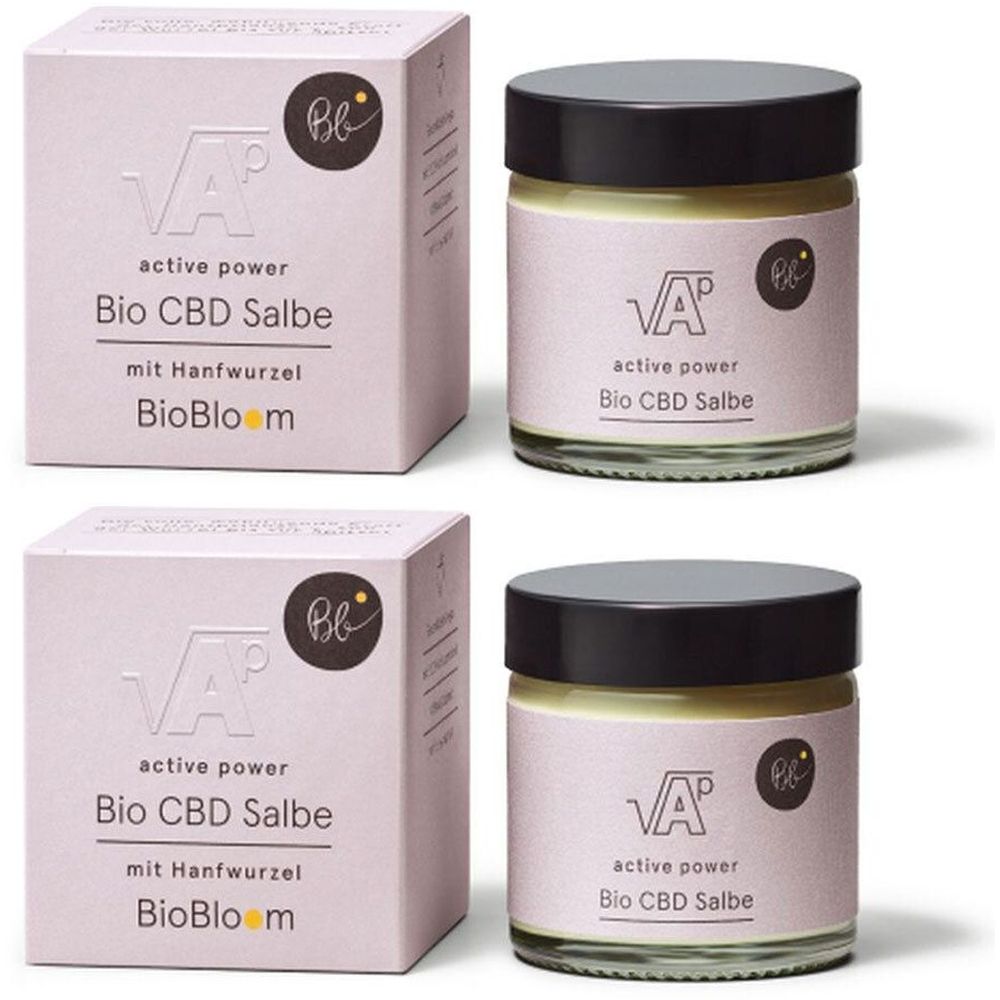 Deux pots et deux boîtes avec impression du produit. Inscription : active power Bio CBD Salbe. Avec racine de chanvre. BioBloom.