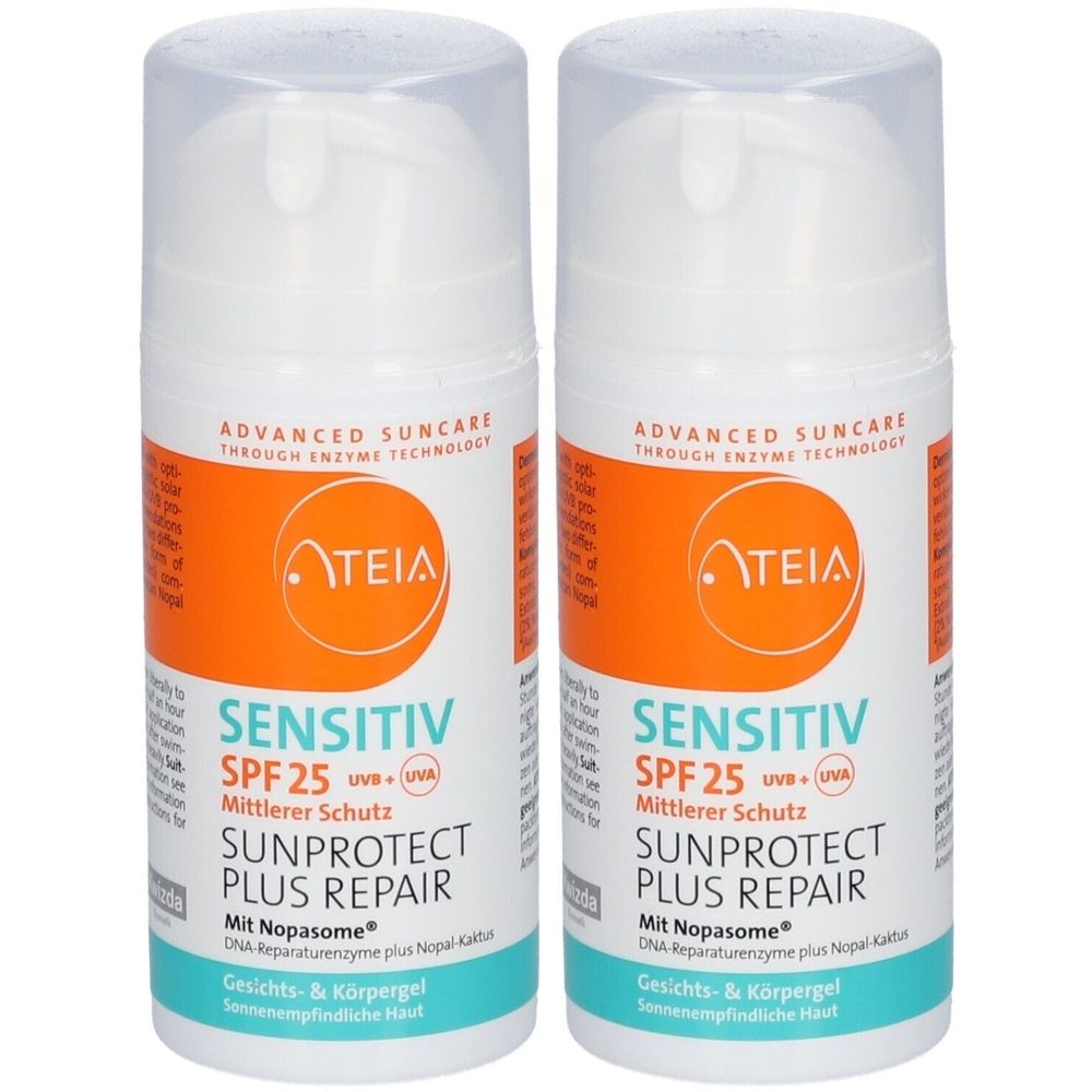 Deux flacons blancs ATEIA® LSF 25 Sunprotect Plus Repair. Inscription : Sensitiv SPF 25, Sunprotect Plus Repair. Avec Nopasome. Pour visage et corps.