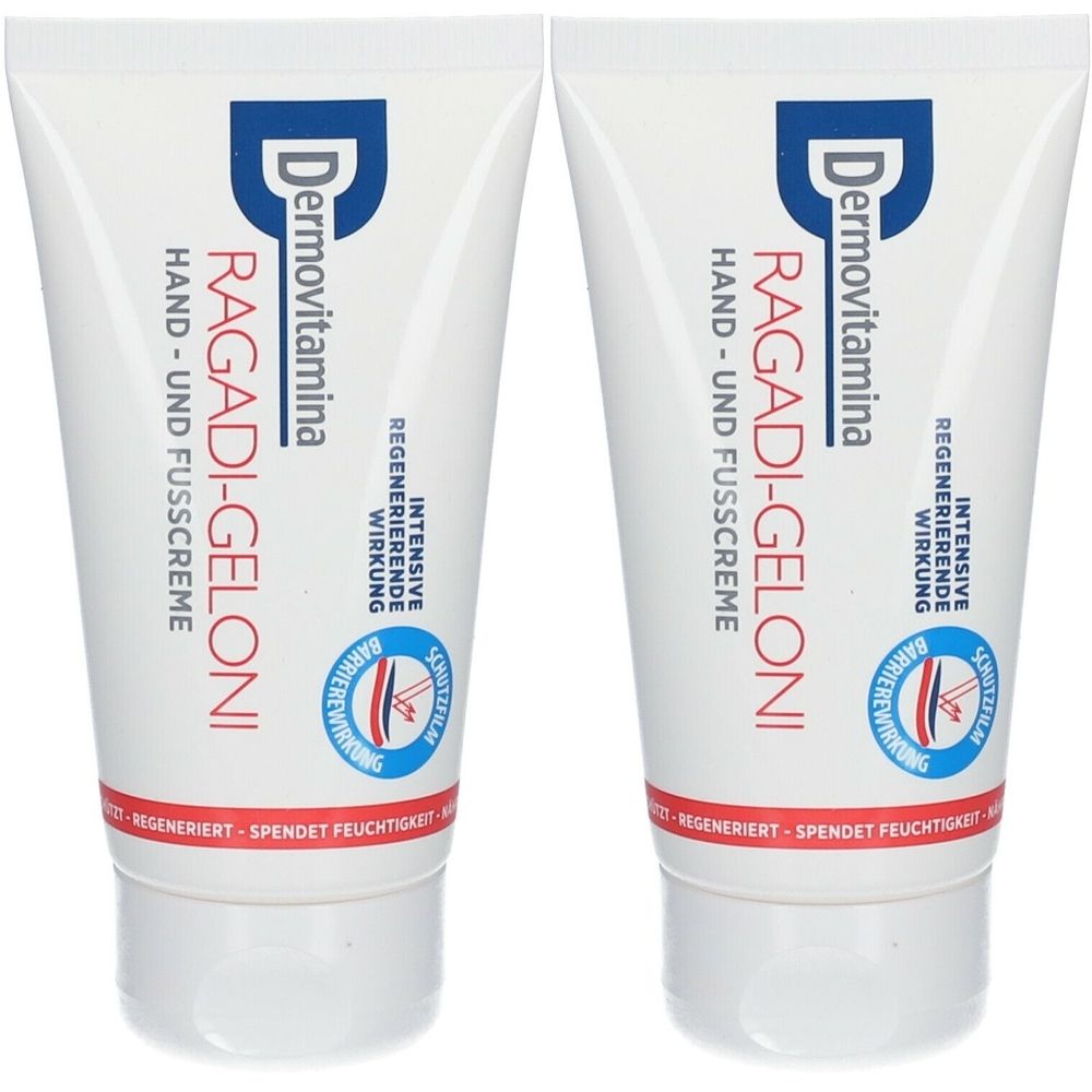 Zwei weiße Tuben Dermovitamina Ragadi-Geloni Hand- und Fußcreme. Mit blauer und roter Schrift. Enthält das Barrierewirkung-Siegel.