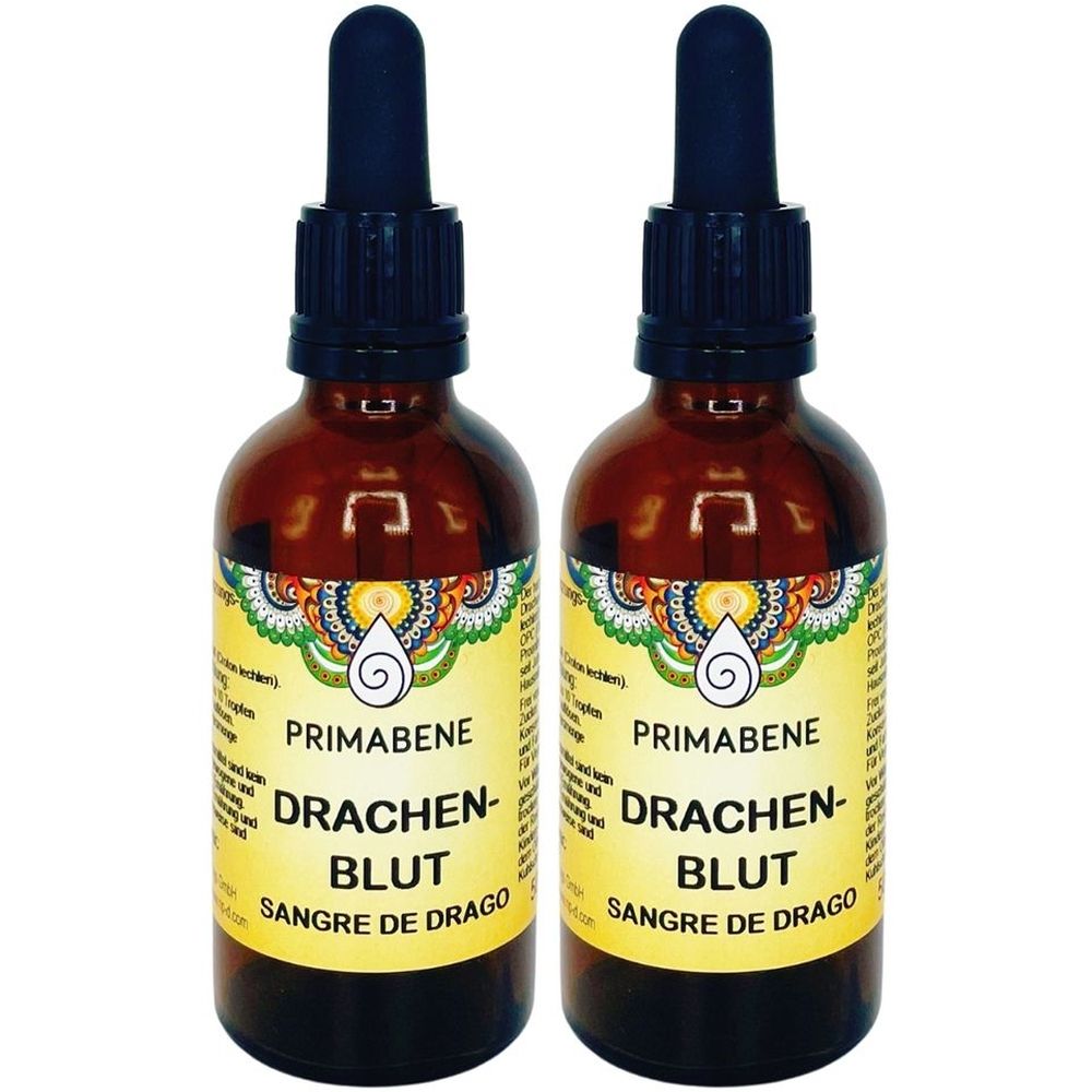 Deux flacons en verre brun avec bouchons noirs et pipettes. Les étiquettes indiquent PRIMABENE Drachenblut, Sangre de Drago.