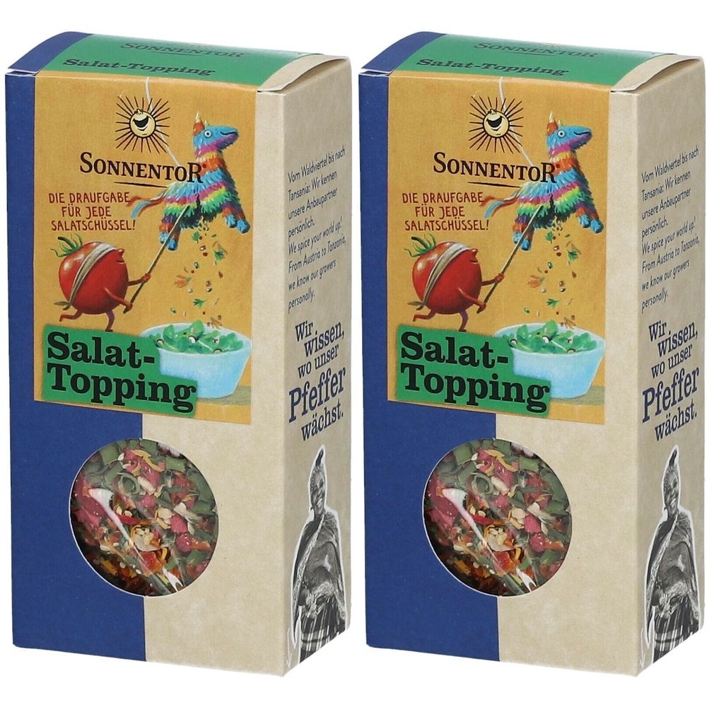 Zwei rechteckige Kartonverpackungen. Aufdruck: SonnentoR Salat-Topping. Sichtfenster mit Produktabbildung. Illustrationen von Tomate und Pinata.