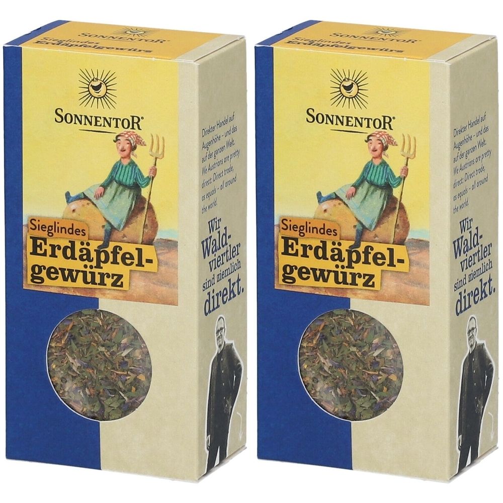 Zwei Kartonverpackungen mit SonnentoR Sieglindes Erdäpfelgewürz. Sichtfenster mit Kräutern. Logo und Produktname deutlich sichtbar.