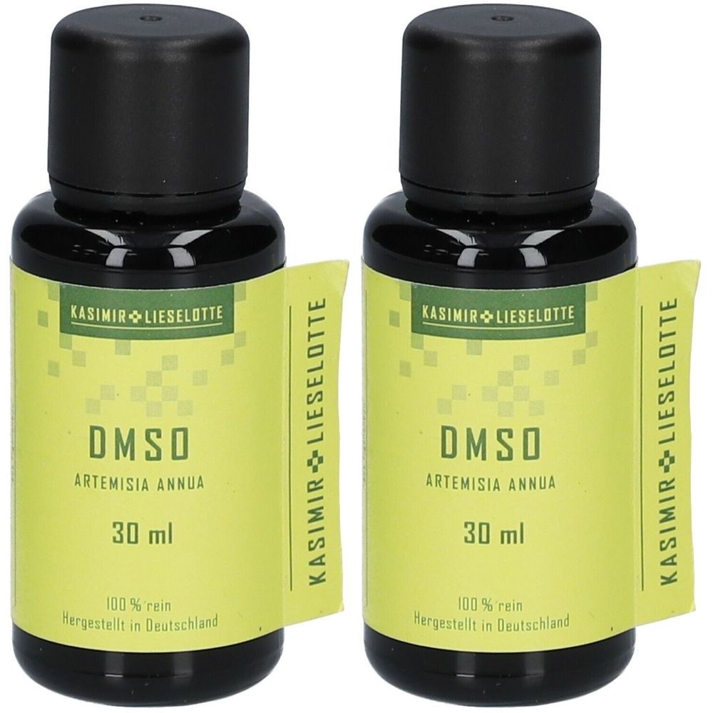 Deux flacons noirs avec étiquettes jaunes. Inscription: DMSO Artemisia Annua, 30 ml. Marque: Kasimir Lieselotte.