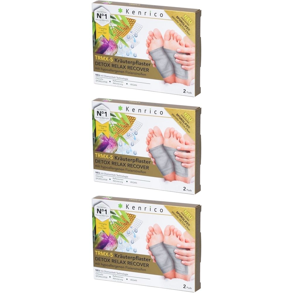 Drei Produktverpackungen. Auf jeder Packung: Kräuterpflaster, Füße, Marke Kenrico, Text TRMX-5, Detox Relax Recover, und die Zahl 2.