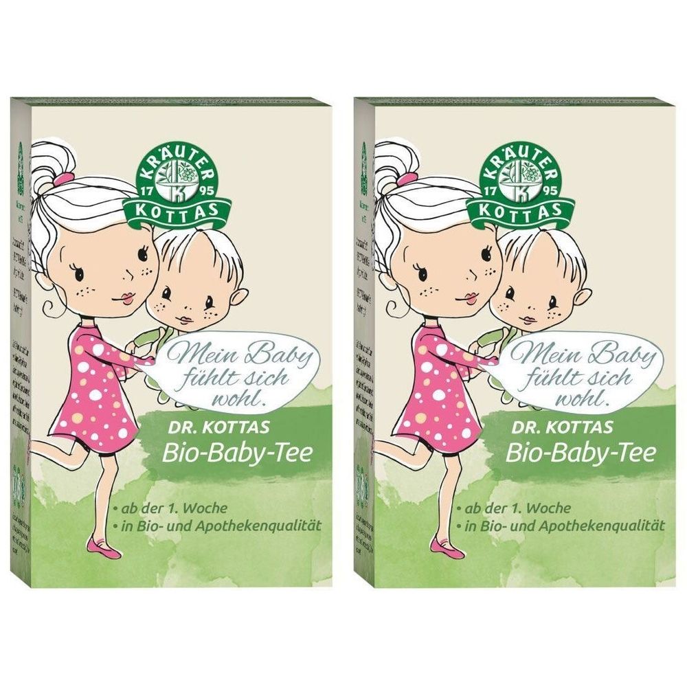 Deux boîtes de thé pour bébé bio DR. KOTTAS. Illustration d'une fille et d'un bébé. Texte : Mein Baby fühlt sich wohl. Dès la 1ère semaine.