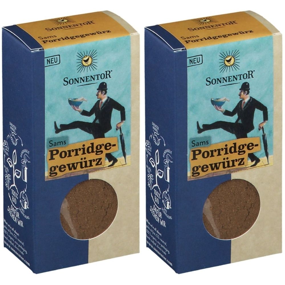 Deux boîtes en carton rectangulaires. Impression : SonnentoR, Sams Porridgegewürz, illustration d'un homme avec un parapluie et un bol.